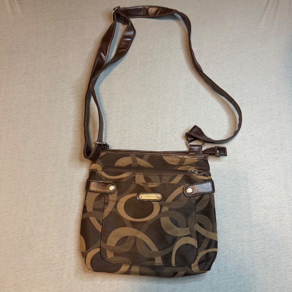 Rosetti Crossbody Bag Brown Tan Geometric‎ Circle Jacquard Multi Pocket Purse